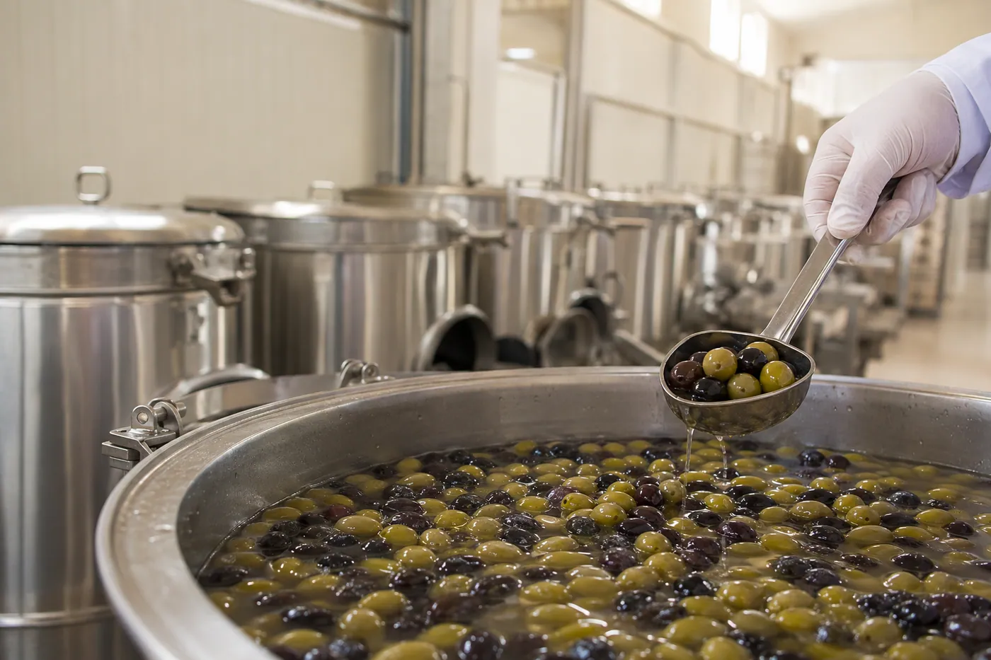 Sofralık zeytin fermantasyonu için hazırlanan zeytinler ve salamura kapları