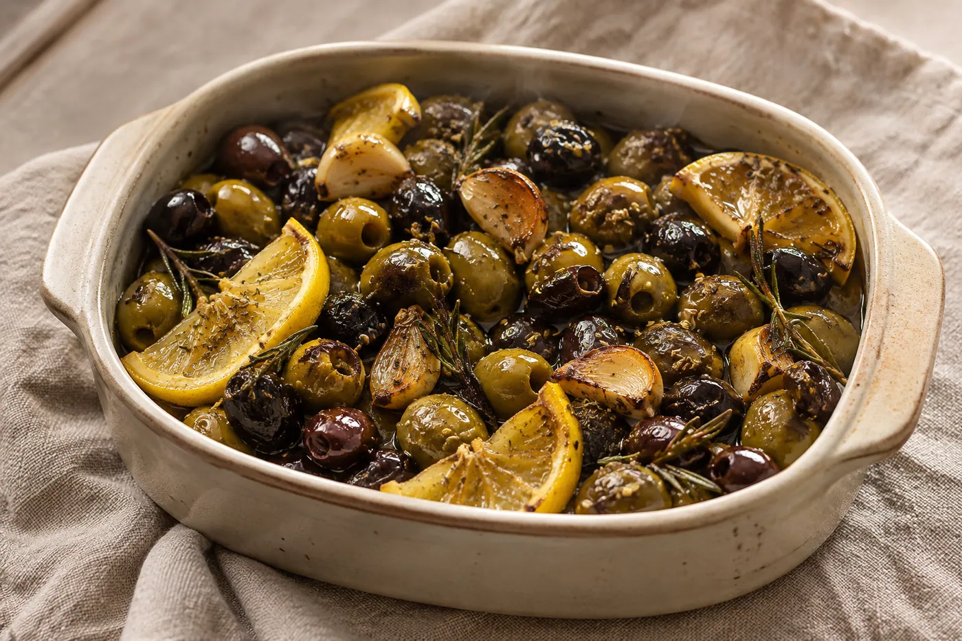 Limon, Sarımsak ve Otlarla Fırınlanmış Zeytin